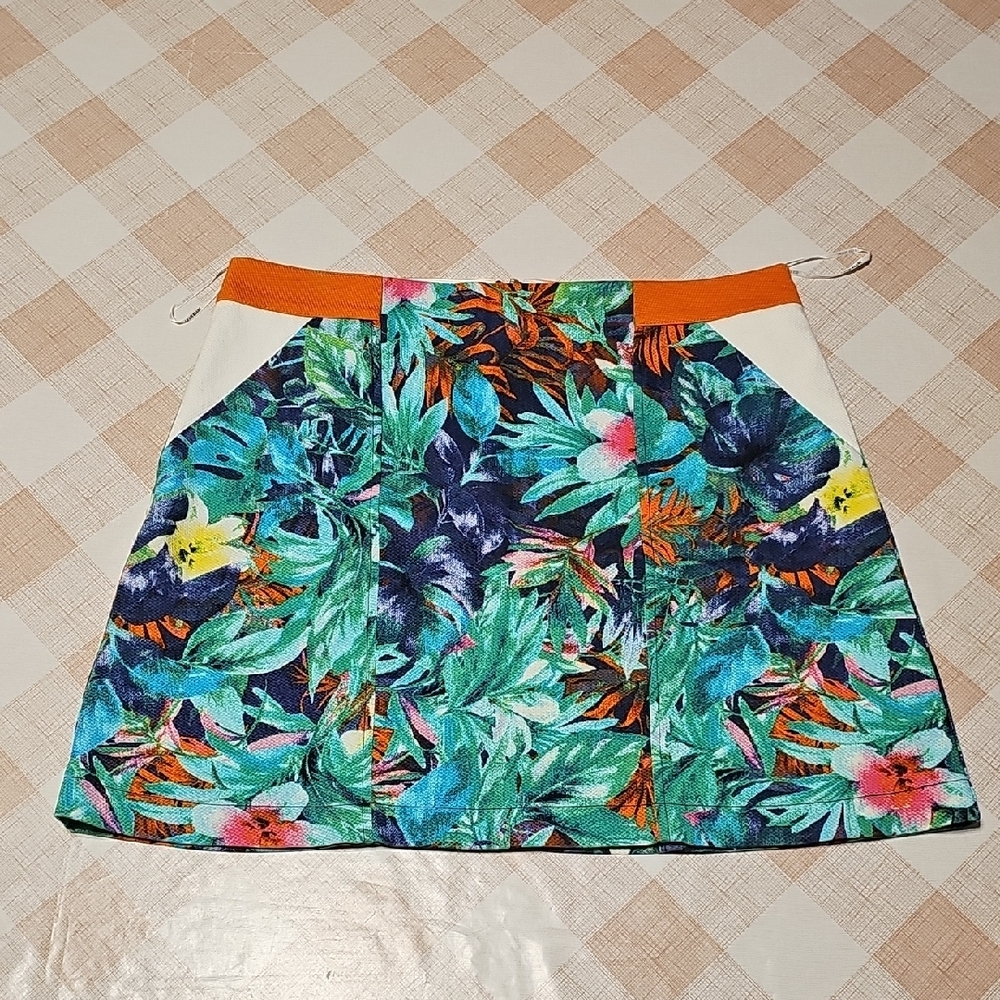 Le Lis Blanc Floral Print Skirt with Orange Waistband,sz.40